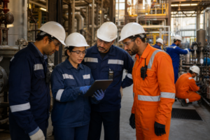 A group of diverse engineers in an industrial plant