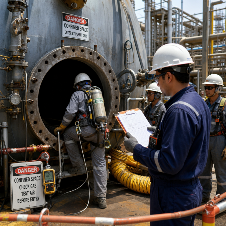 Factory Workers Entering A Confined Space
